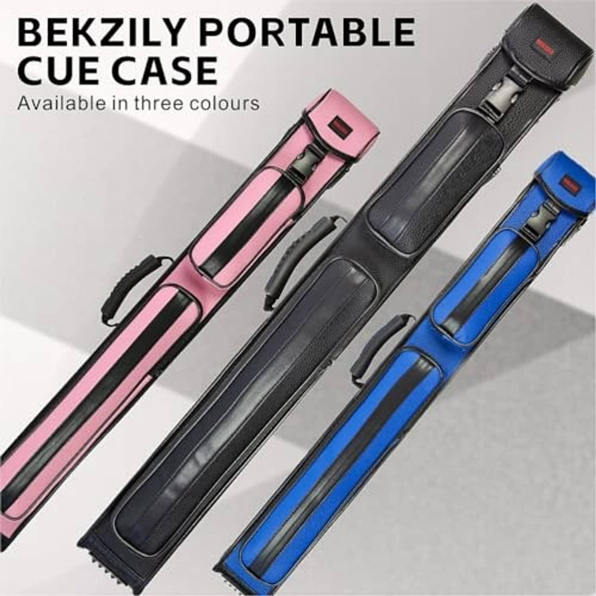 Cue case set showing black, pink, and blue covers with zipper closures