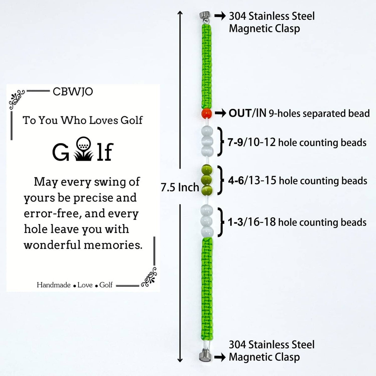 7.5-inch green beaded golf stroke bracelet with 304 stainless magnetic clasp