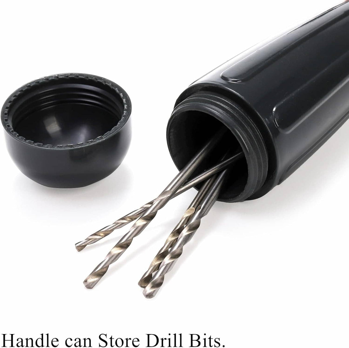 Black chuck collar with two silver twist drill bits inserted
