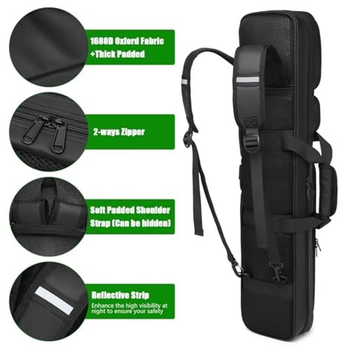 Black pool cue case with padded handle, shoulder strap, dual zippers, front pockets