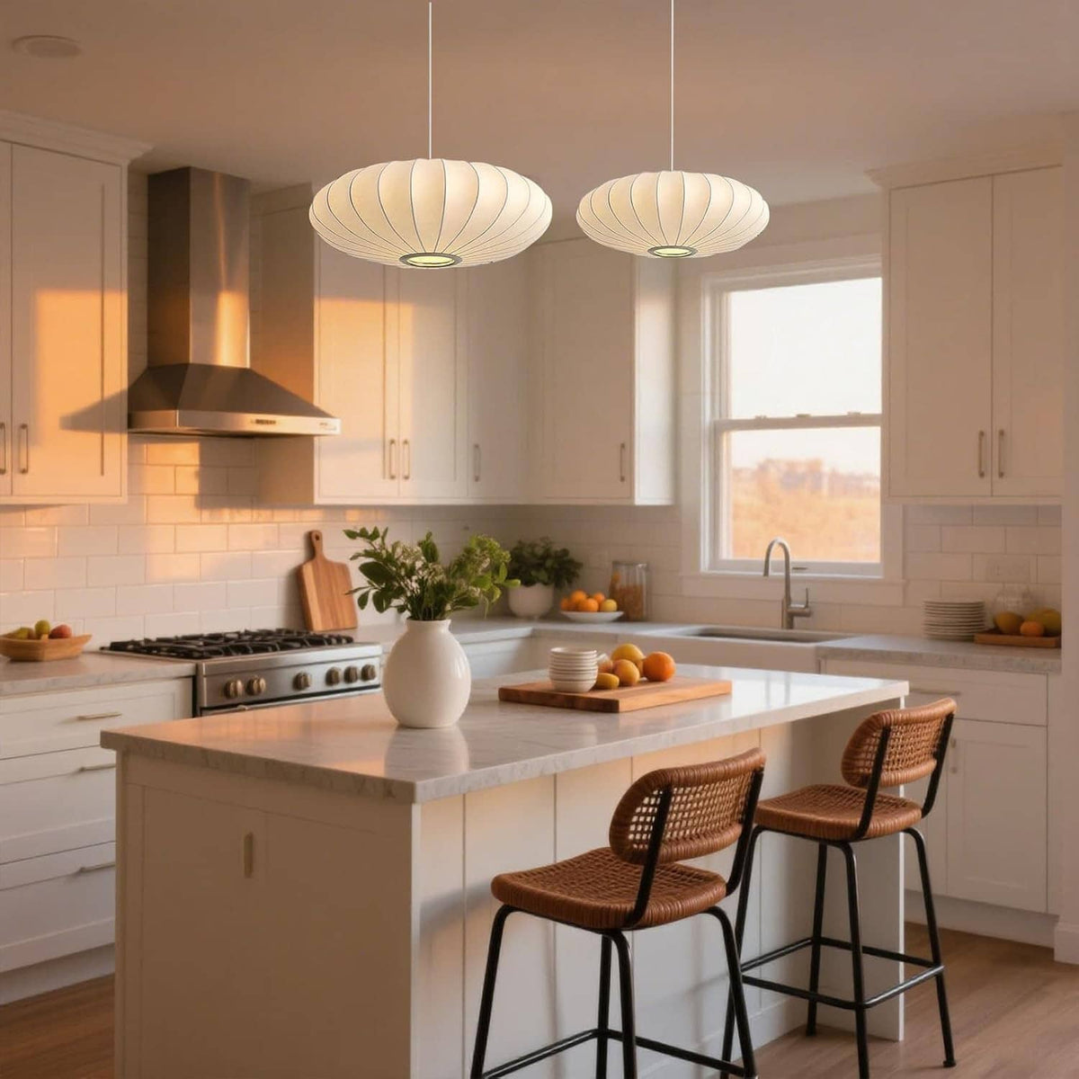 Cream-white ribbed bubble lantern pendant light pair over kitchen island