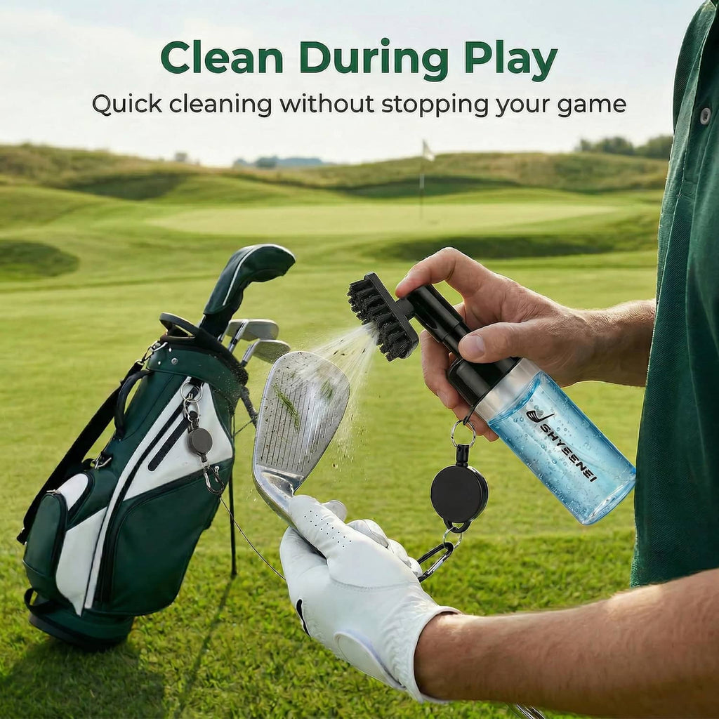 Portable golf club cleaner bottle with brush head, held for quick cleaning during play