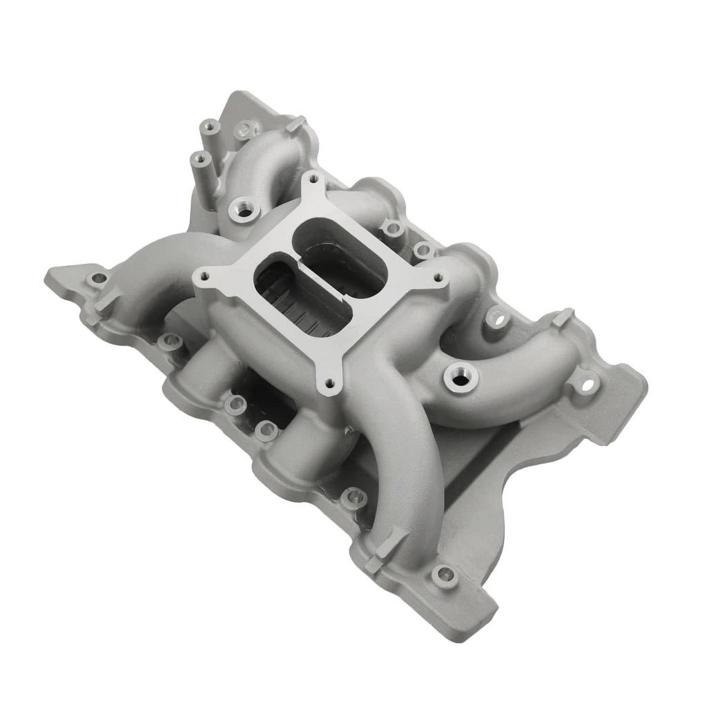 Grey intake manifold with curved runners and dual black air openings