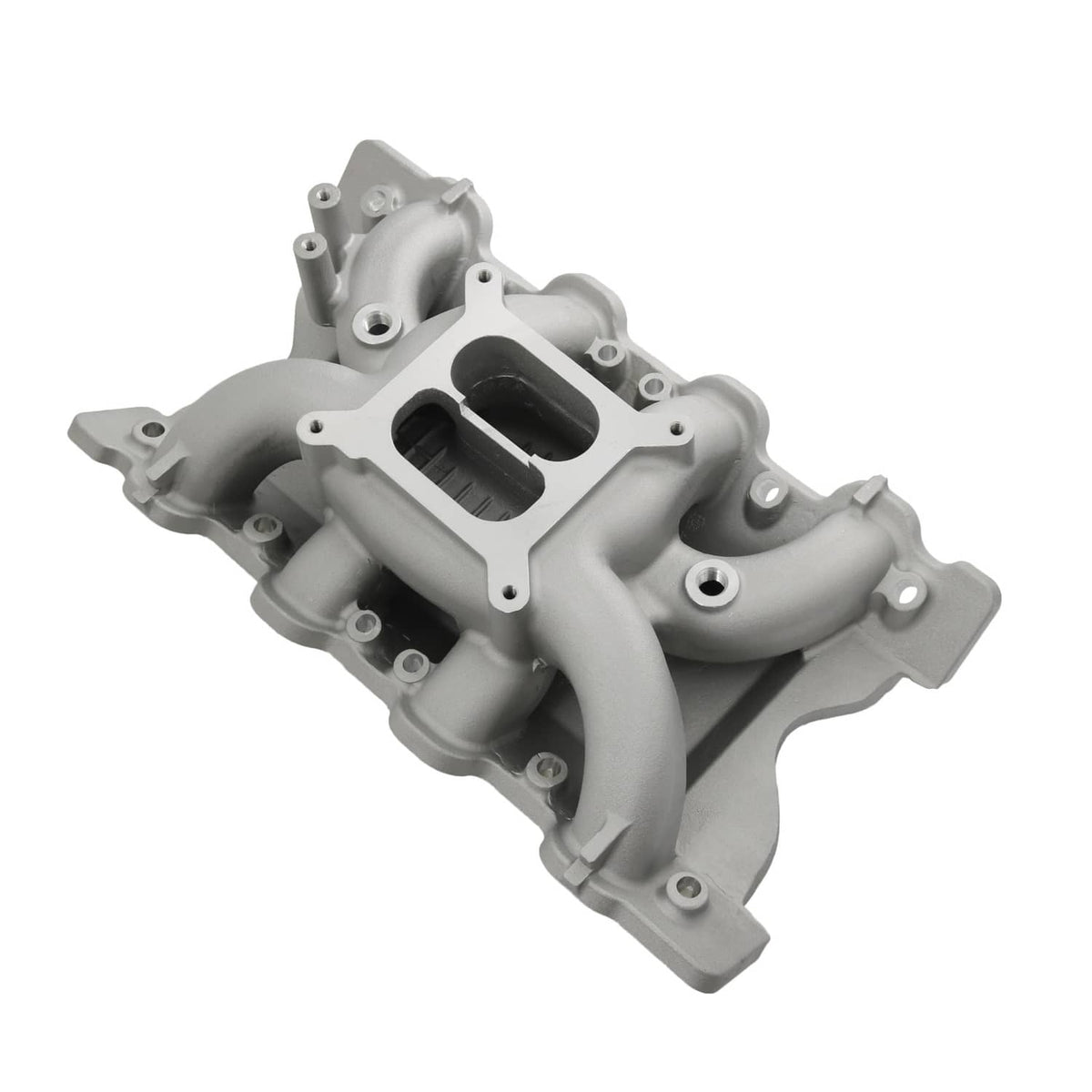 Grey intake manifold with curved runners and dual black air openings