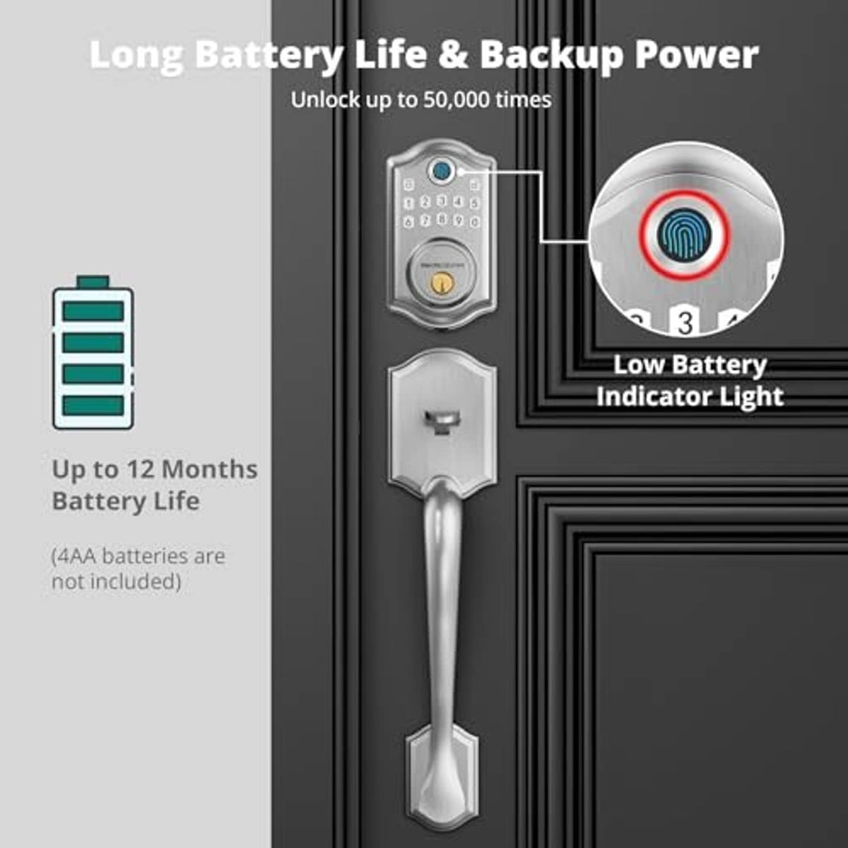Keypad smart door lock with satin nickel lever handle and low-battery light