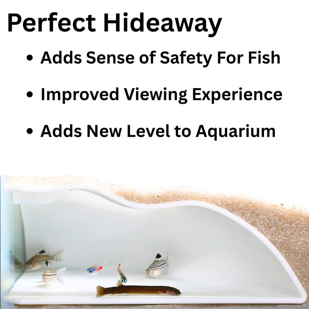 White corner aquarium cave insert with curved cutout hiding space for fish