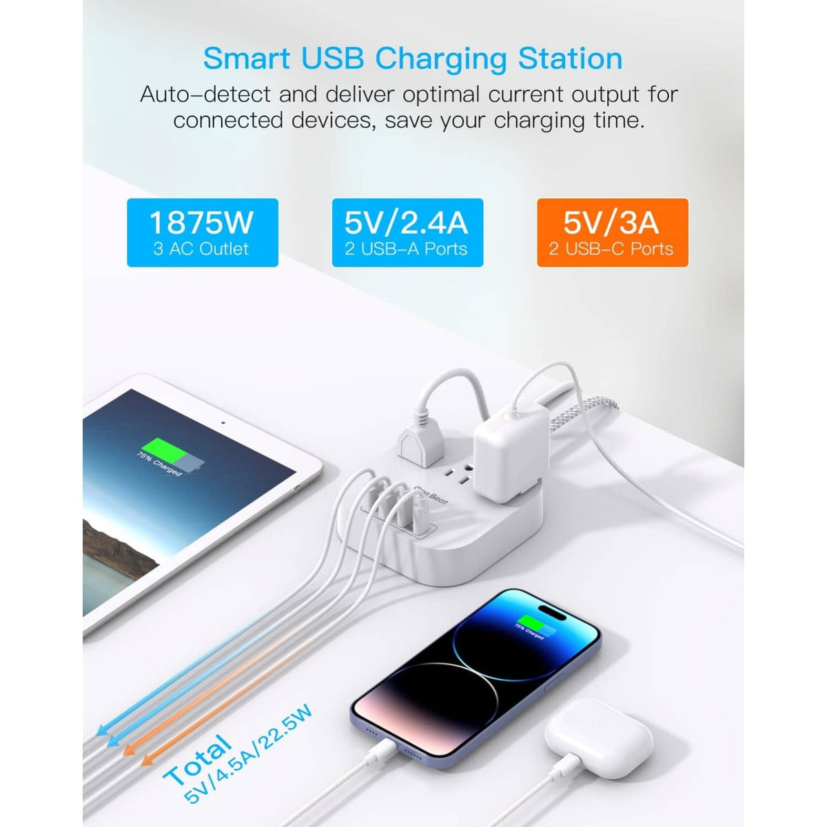 White power strip charging station with USB-C and USB-A ports and multiple cables