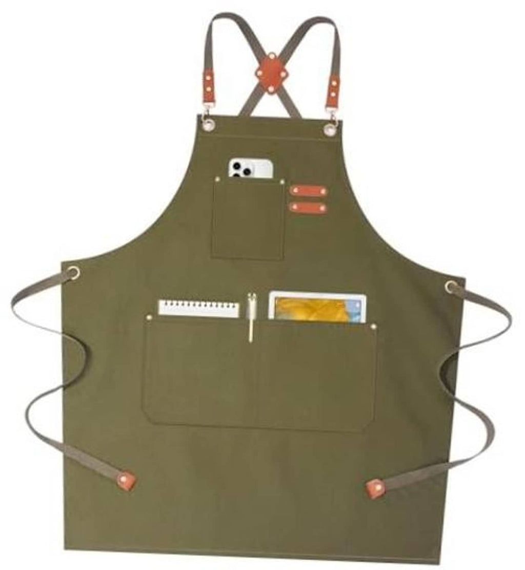 Olive green chef apron with front pockets and adjustable cross-back straps