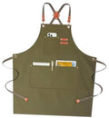 Olive green chef apron with front pockets and adjustable cross-back straps