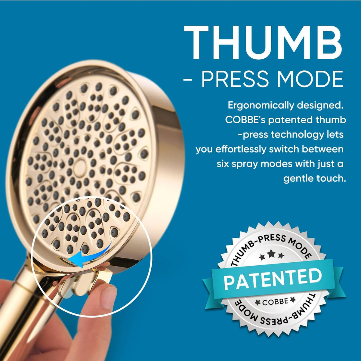 Gold handheld shower head spray face with thumb-press button area