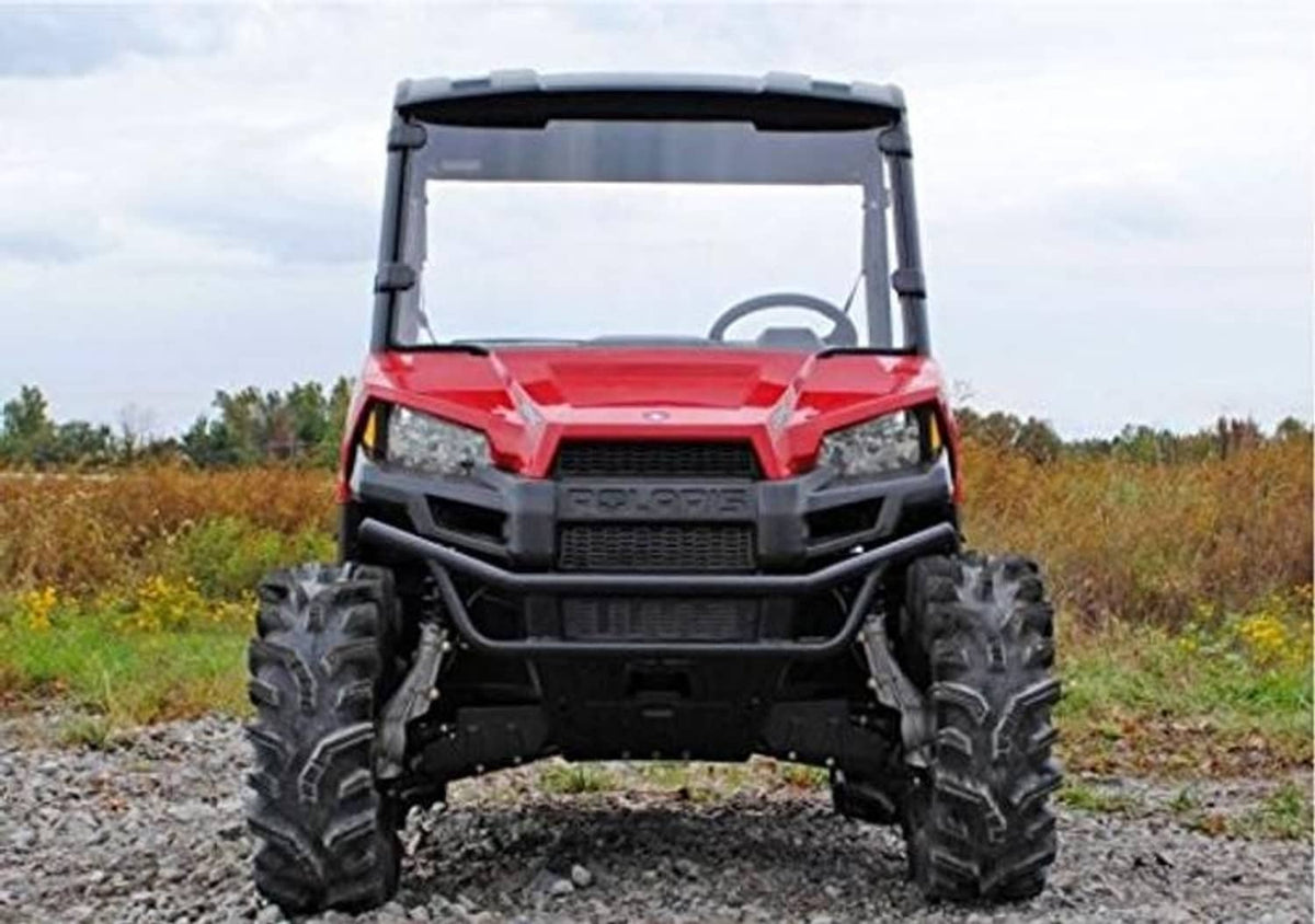 Rear view of clear full windshield with black frame on red UTV