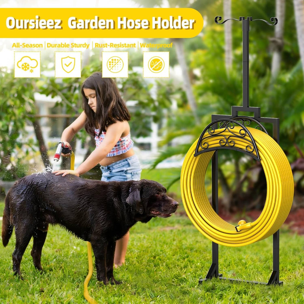 Black garden hose holder with looped yellow hose and decorative arch, with top hooks