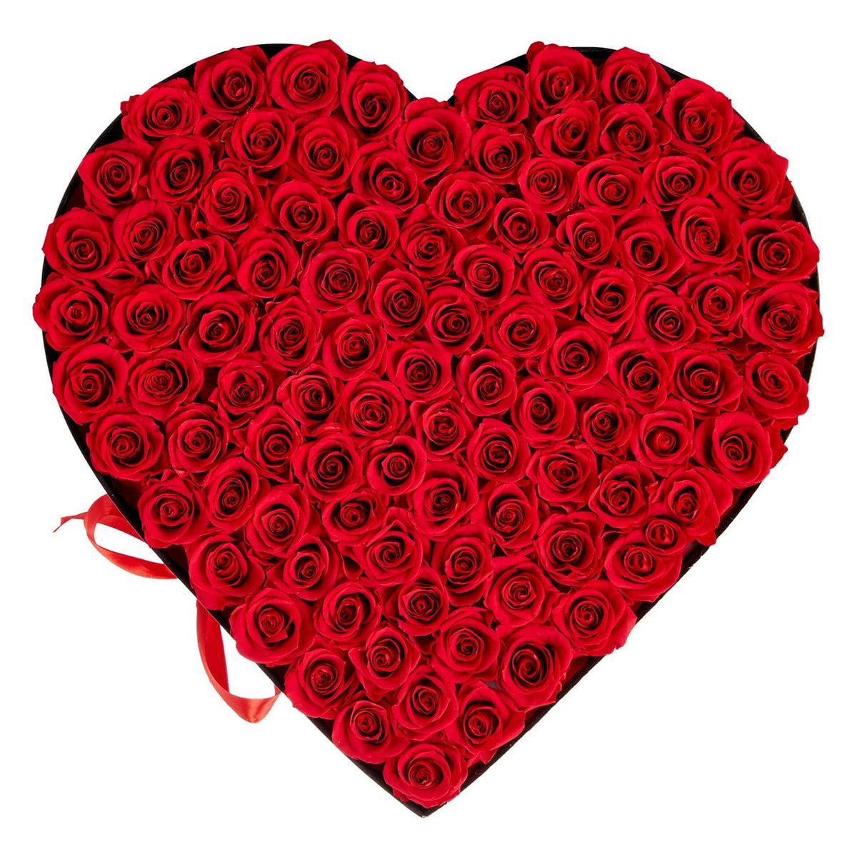Heart-shaped box of red preserved roses with dense rose arrangement in heart form.