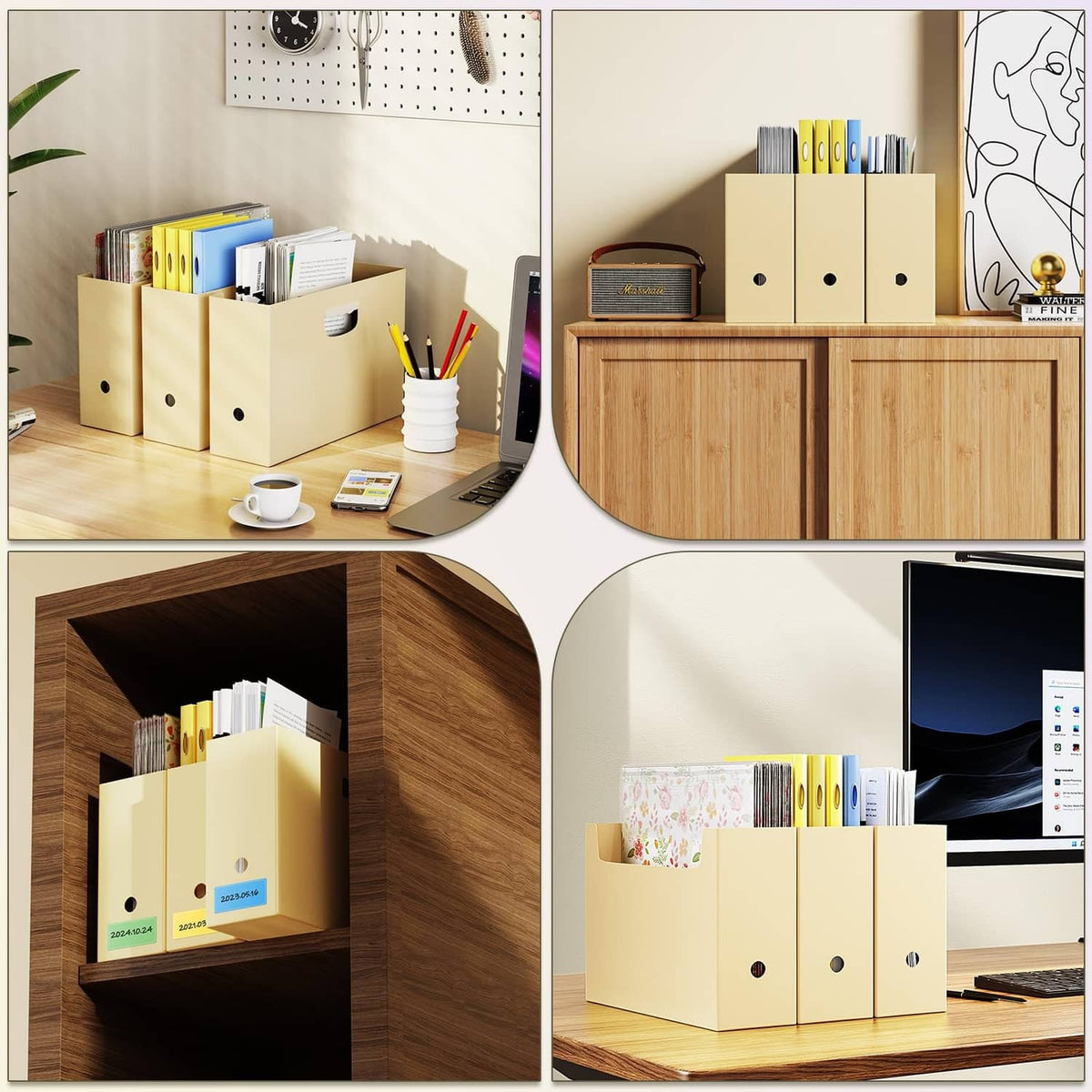 Set of light yellow scrapbook paper storage organizers on shelves, holding paper and supplies