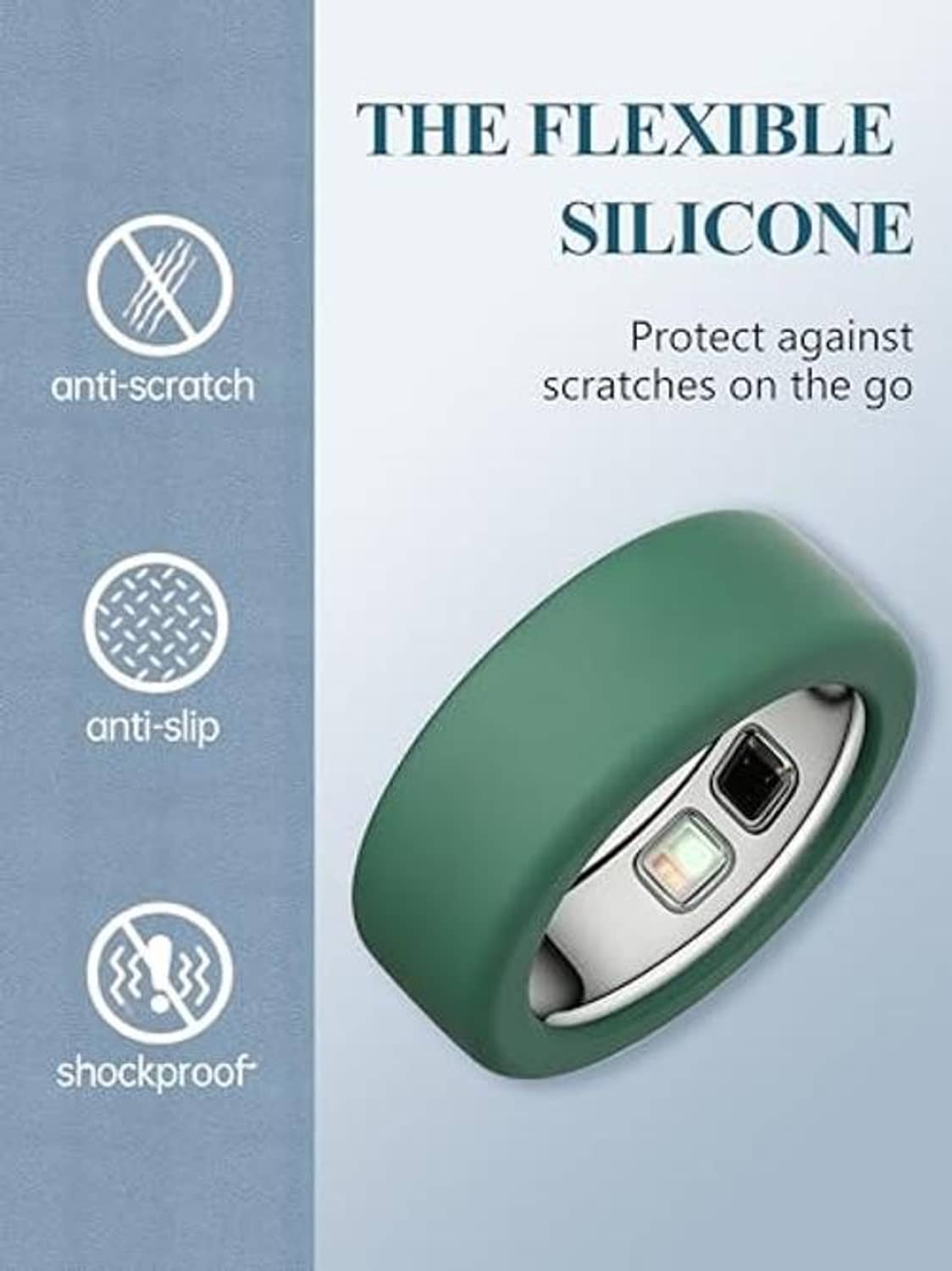 Dark green translucent silicone ring cover with textured grip and sensor openings