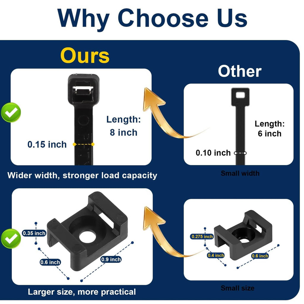 Black cable zip tie mounts kit, fixed base with 8 in tie length