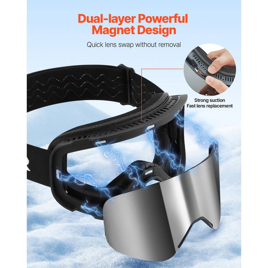 Magnetic ski goggles with black strap and silver mirrored lens, quick-swap dual-layer design.