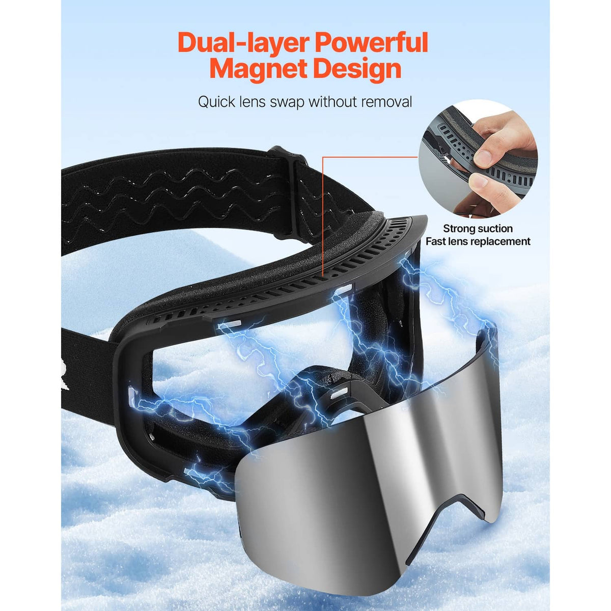 Magnetic ski goggles with black strap and silver mirrored lens, quick-swap dual-layer design.