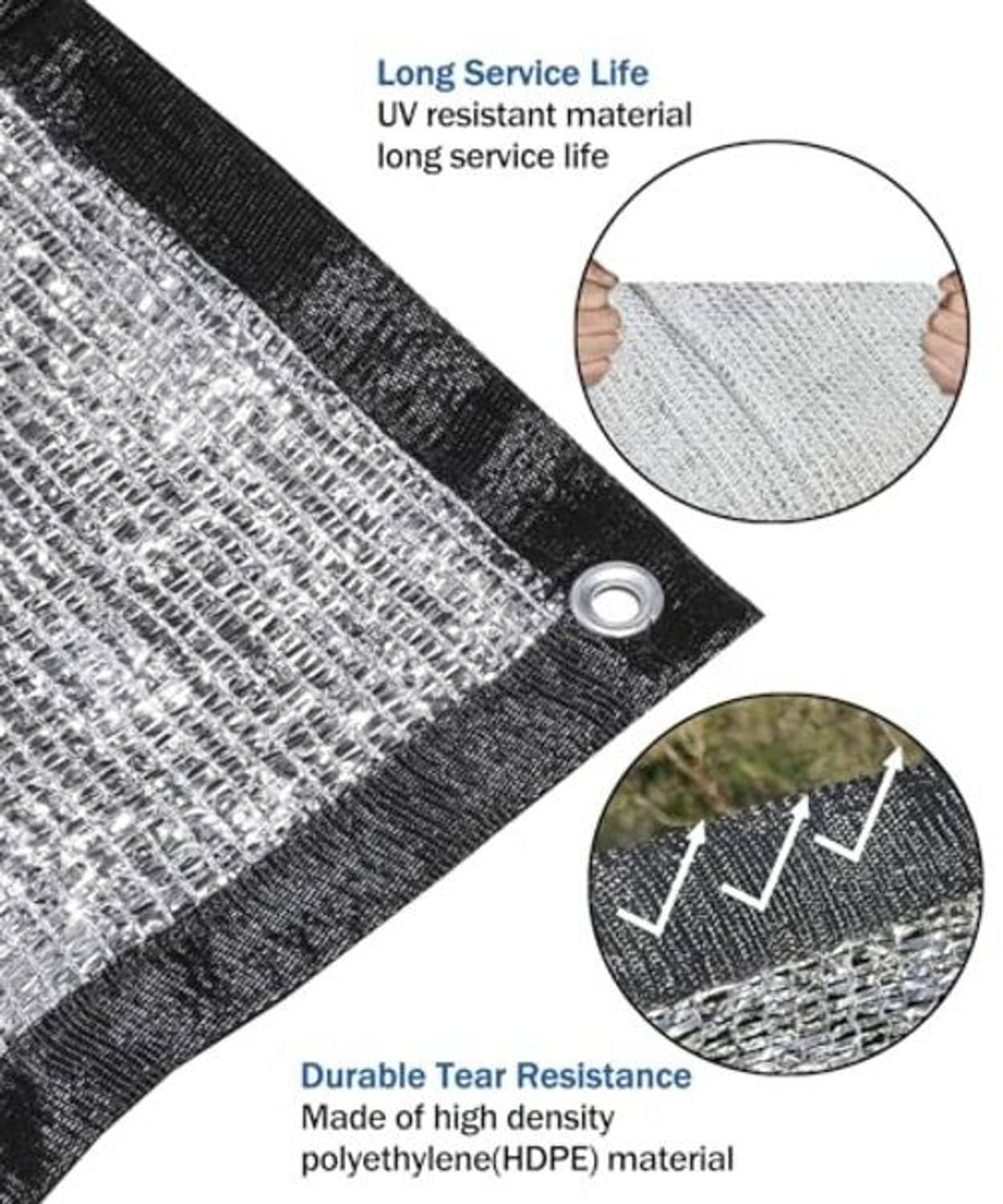 Silver shade cloth corner with reinforced black hem and metal grommet
