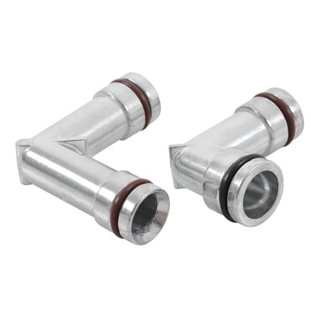 Aluminum heater hose elbow connectors pair, silver metal with brown and black end seals