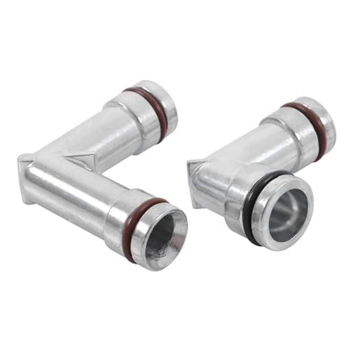 Aluminum heater hose elbow connectors pair, silver metal with brown and black end seals