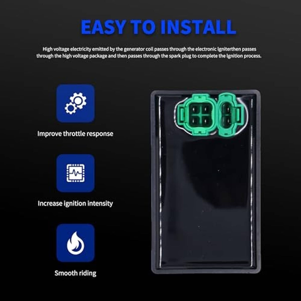 Black CDI module box with green connectors, front view