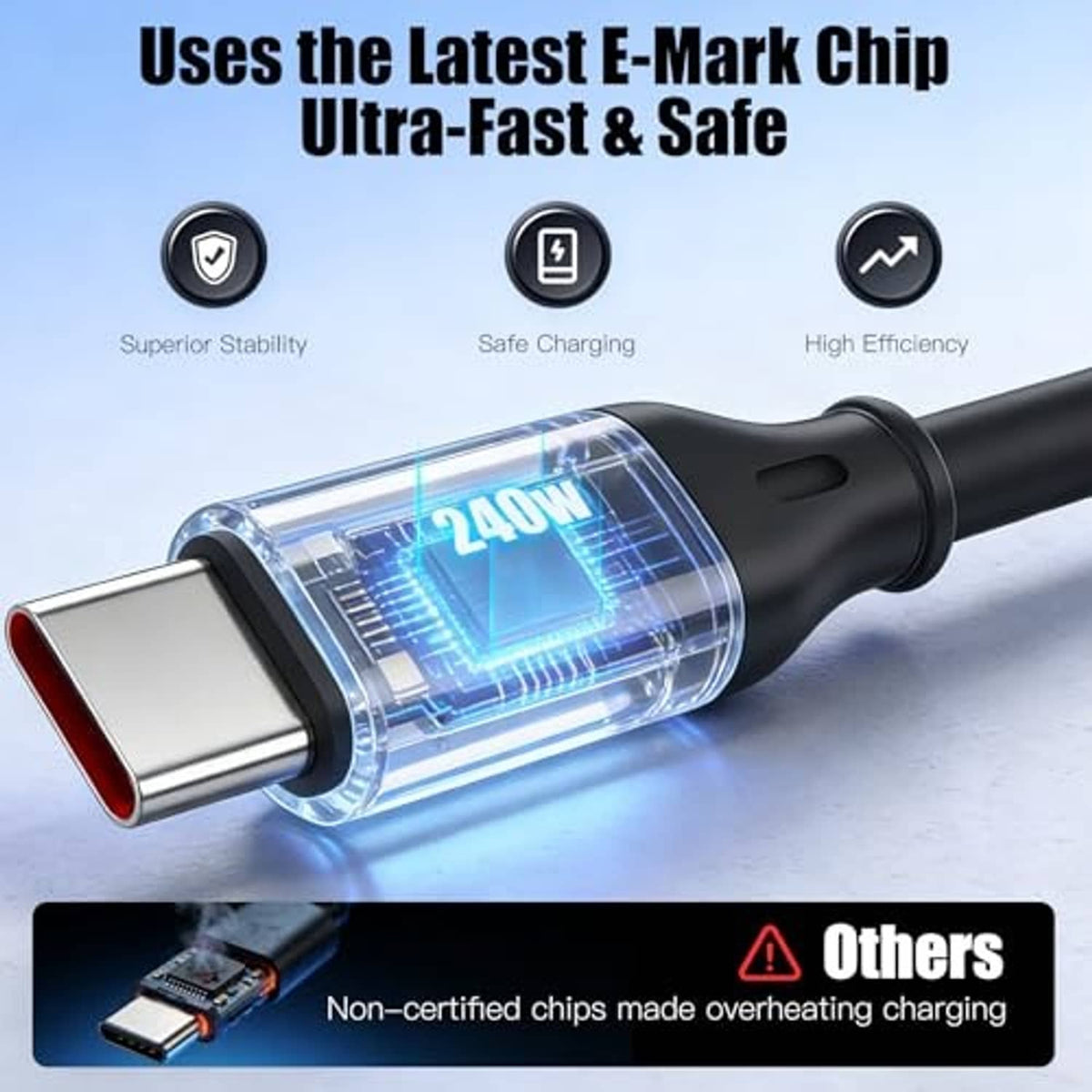 Black coiled USB-C to USB-C cable with transparent power module and metal USB-C plug