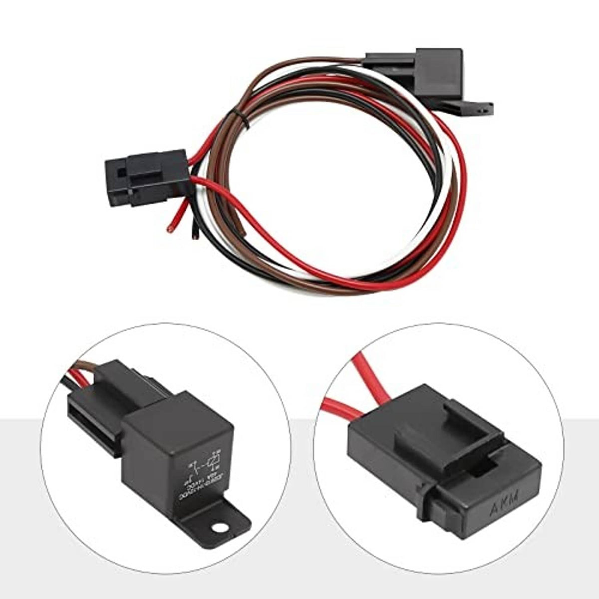 Electric fan thermostat wiring harness with black relay module and red/black lead wires
