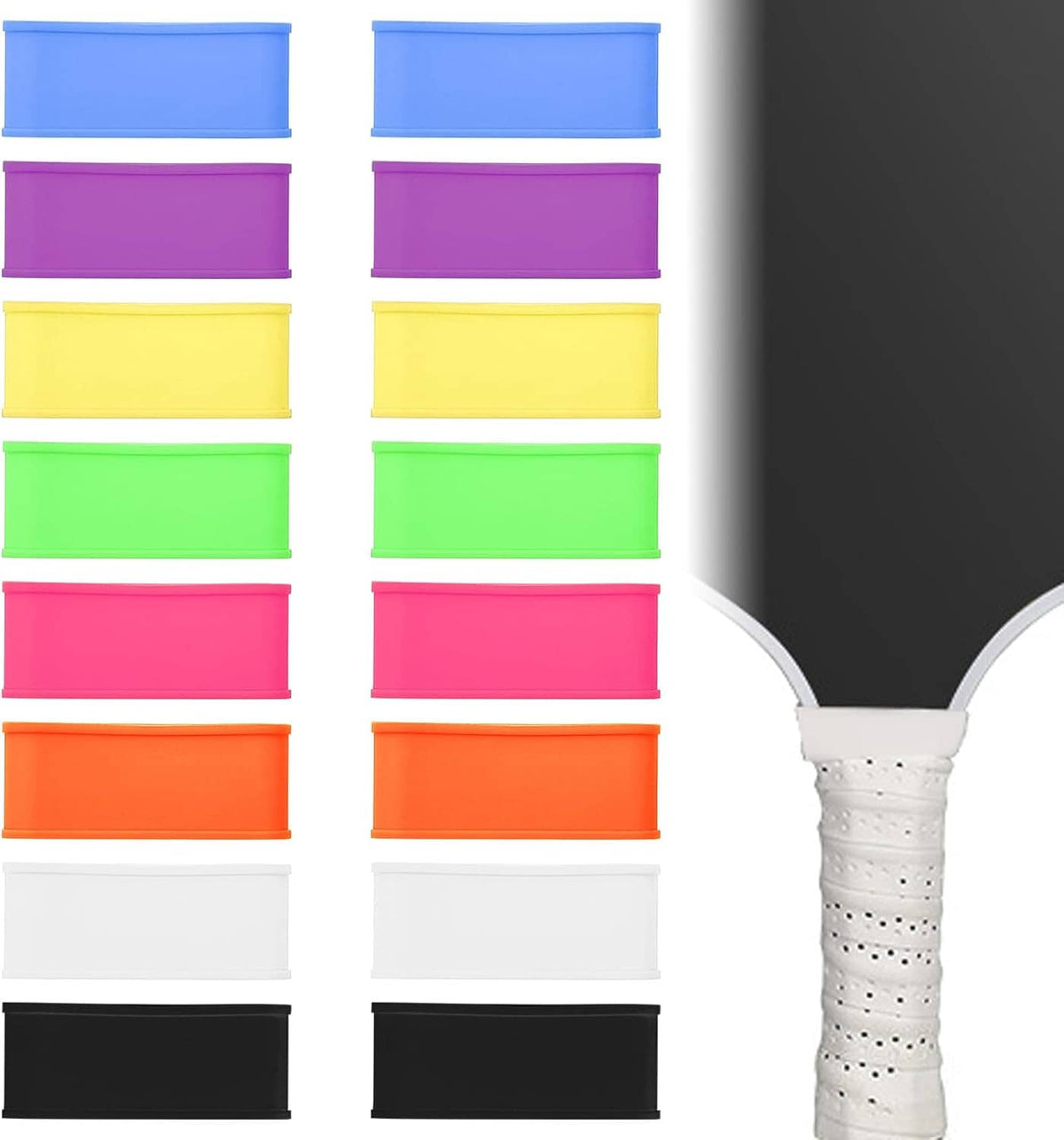 Pickleball grip bands set with multicolor bands and a white perforated overgrip