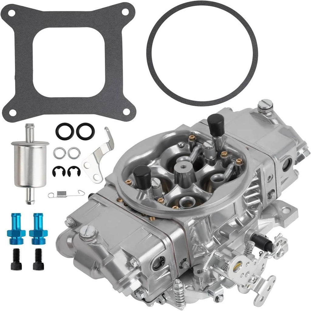 Carburetor with black square gasket and round gasket, plus small seals and filter canister.