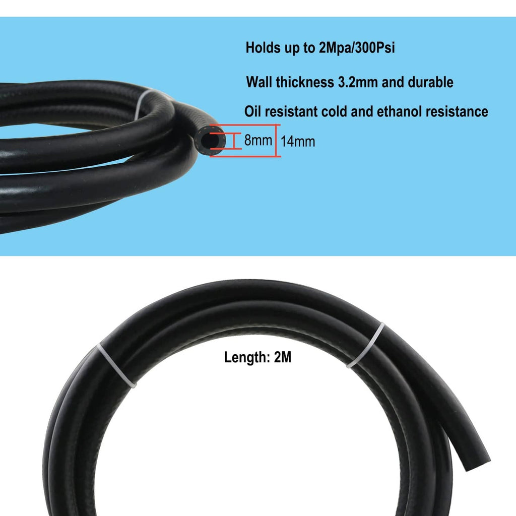 Black fuel pump hose with thickness and size markings, shown with 2m length