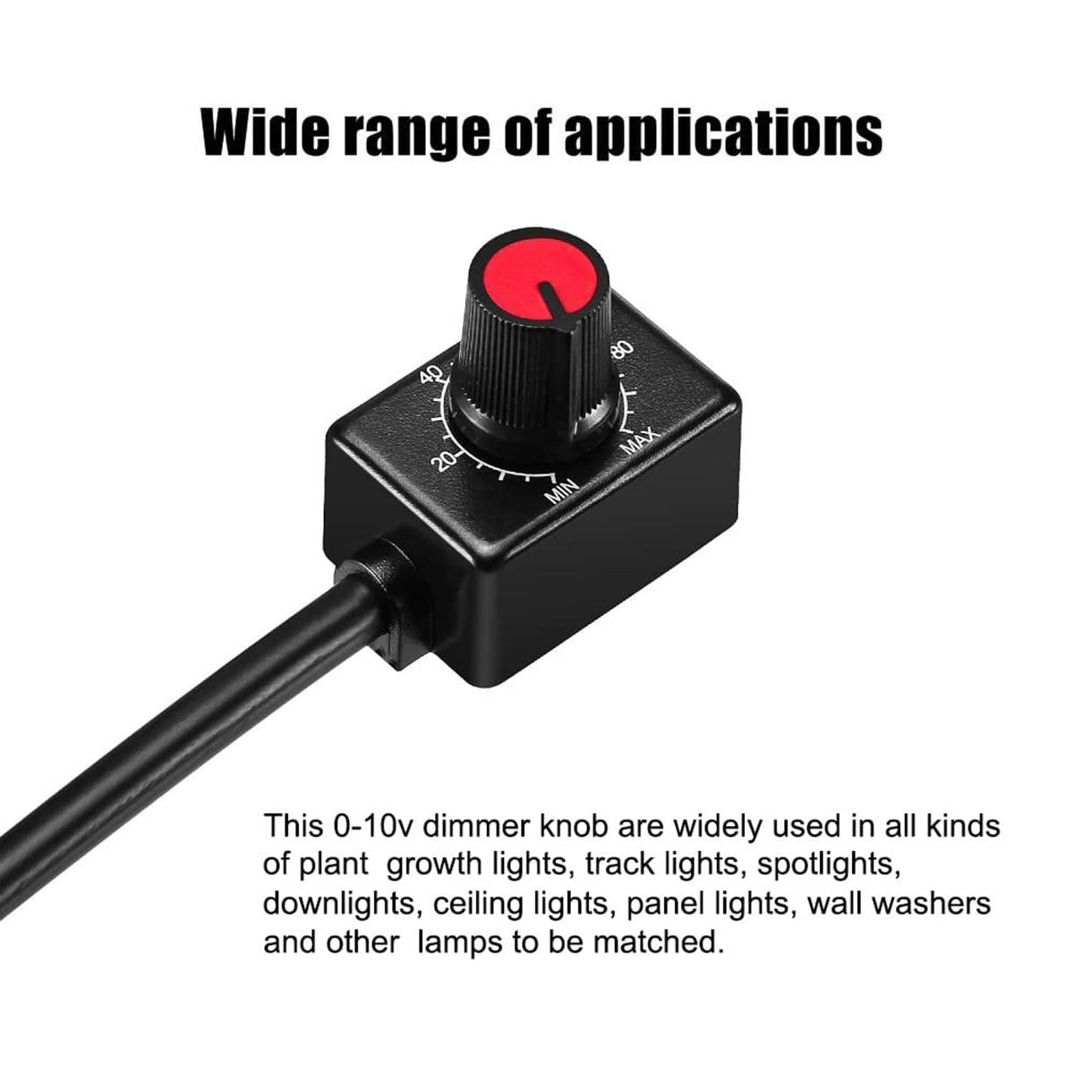 LED dimmer knob controller with red dial, black housing, and attached power cable