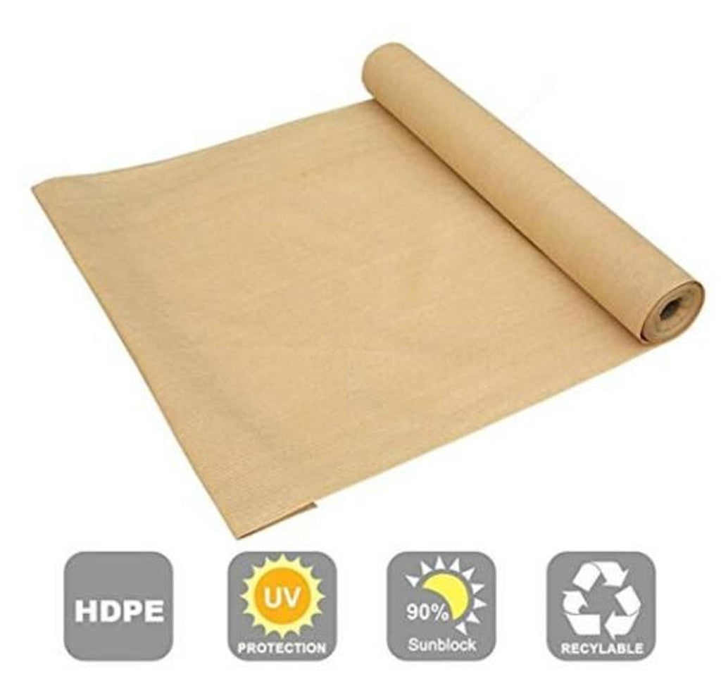Beige sun shade mesh fabric roll with UV and sunblock icons