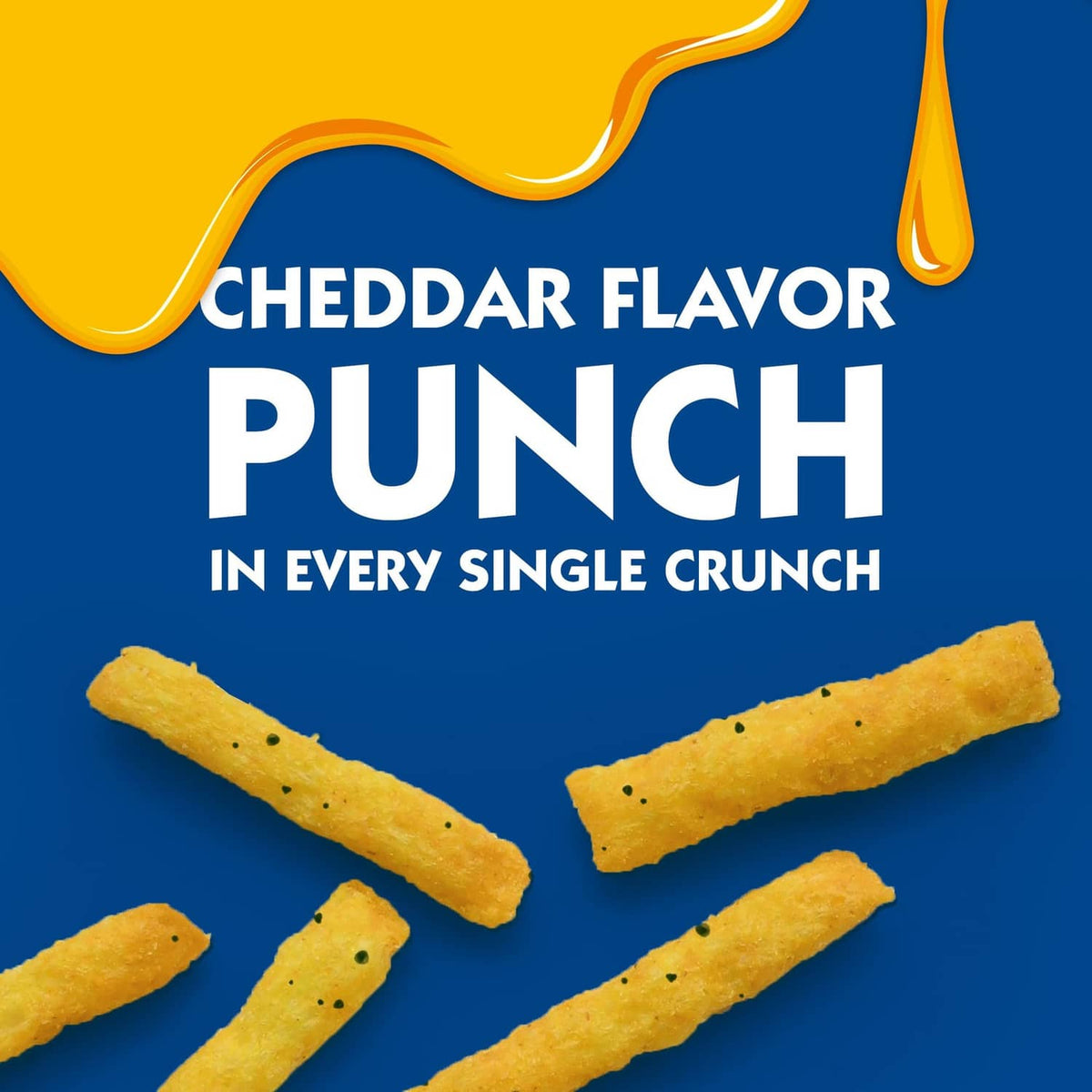 Cheddar Fries snack with cheddar flavor punch text and seasoned fry sticks