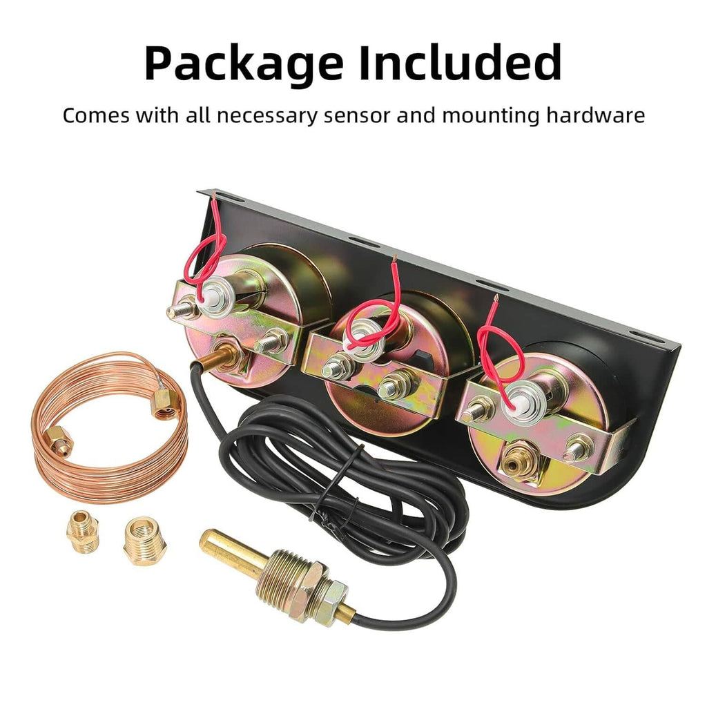 Triple car gauge mounting kit with three gauges, sensor parts, copper coil, and wiring