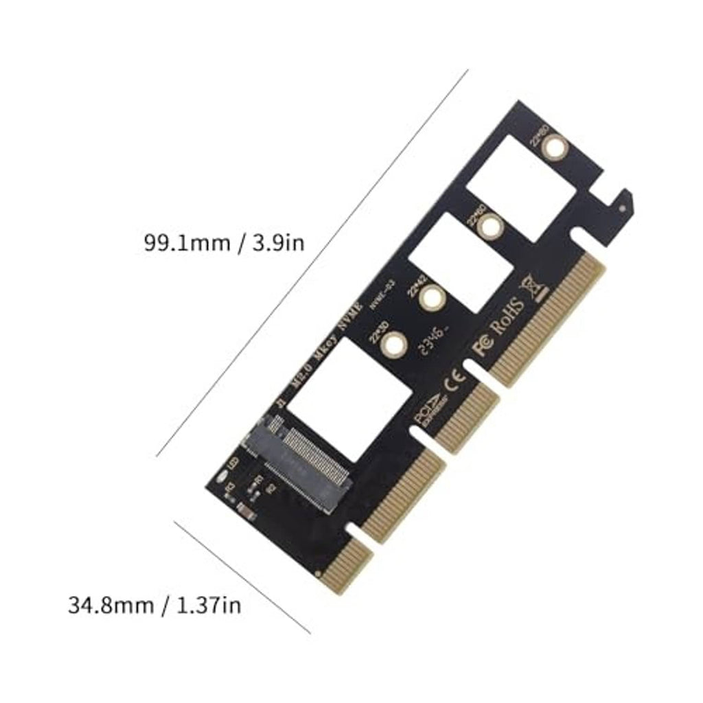 M.2 to PCIe x16 adapter card with gold fingers and size labels in inches/mm