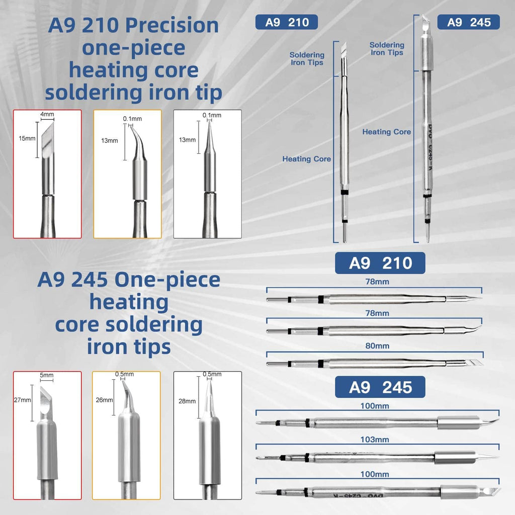 Soldering iron tip heating-core diagram comparing A9 210 and A9 245 lengths