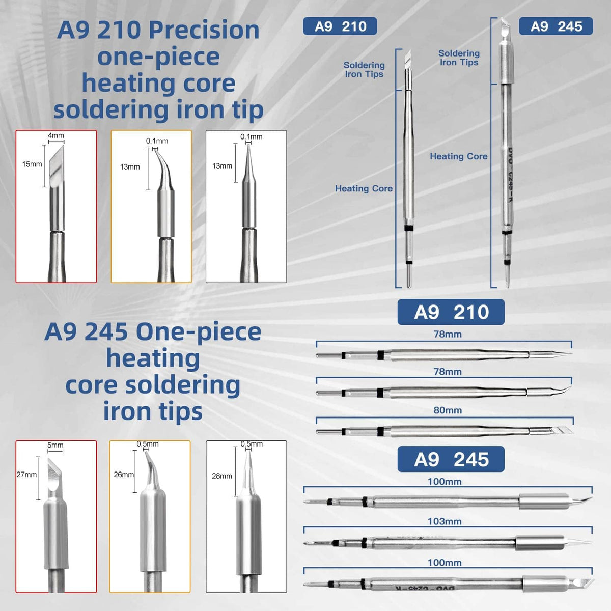 Soldering iron tip heating-core diagram comparing A9 210 and A9 245 lengths