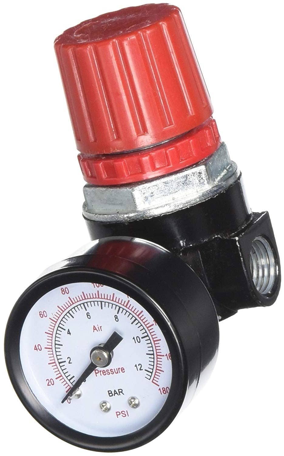 Air compressor replacement pressure gauge with black body and red cap, dial shows PSI/BAR