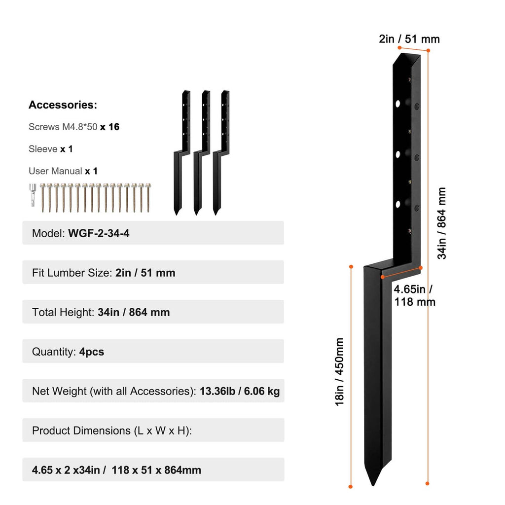 Steel fence post anchor stake set with dimensions, U-shaped steel support and spike