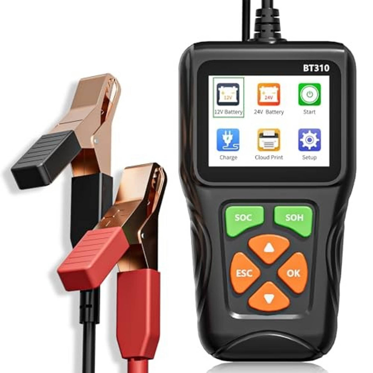 Battery tester with red/black clamp leads and bright button panel with SOC/SOH.