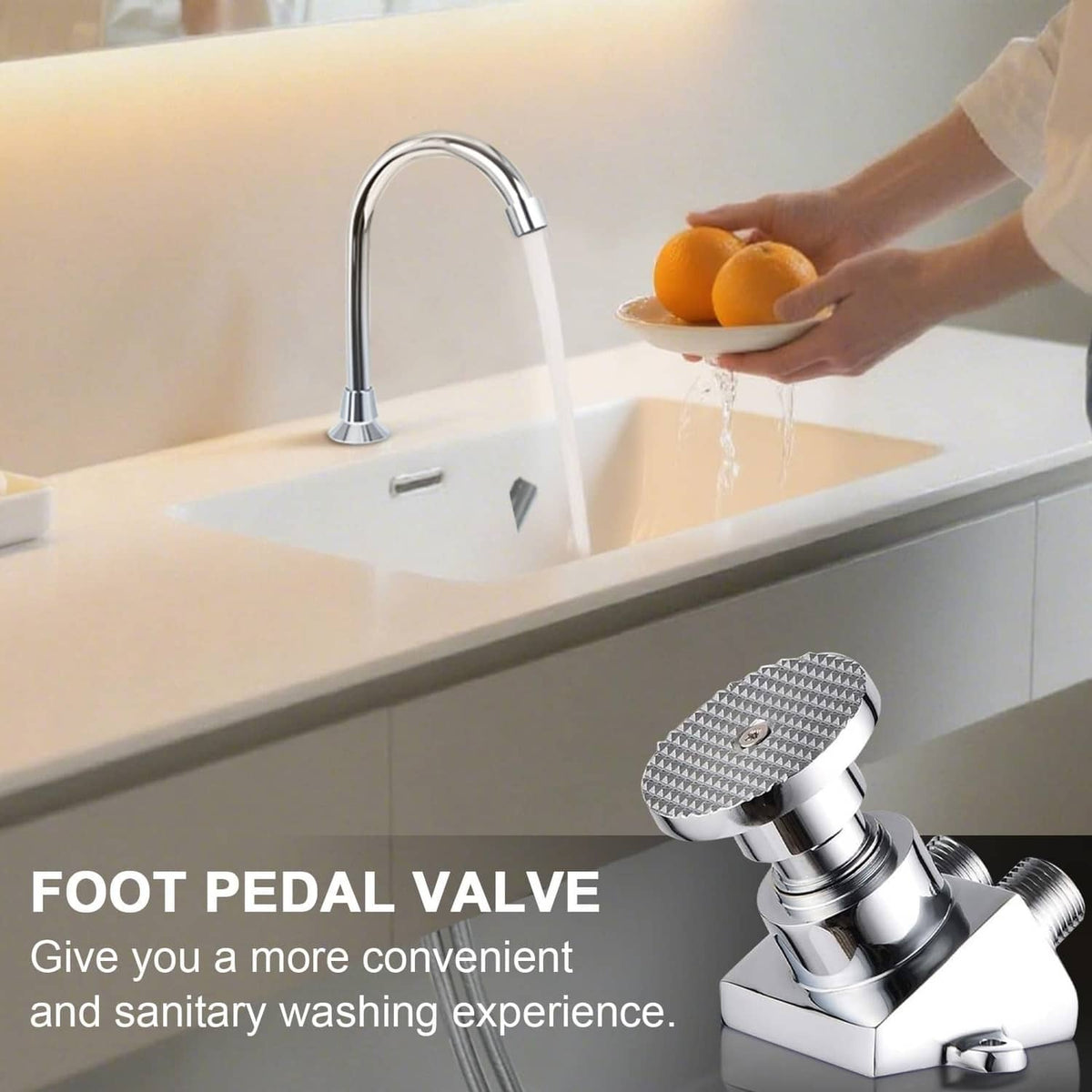 Chrome sink faucet with curved spout and foot-pedal valve, water flowing into basin