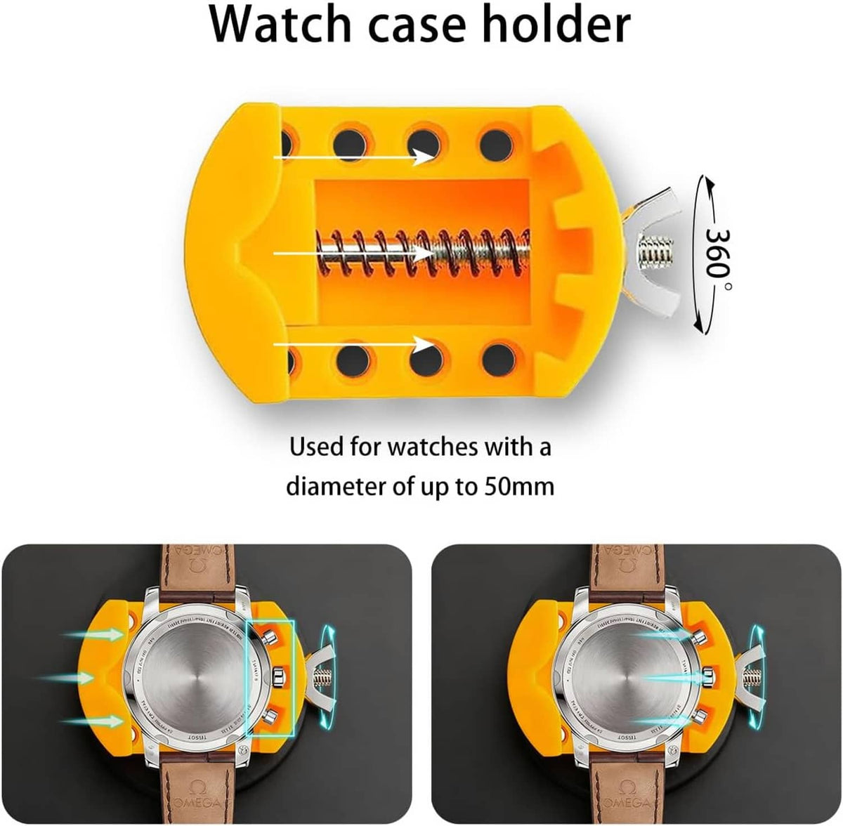 Yellow watch case holder cradle with spring mechanism for up to 50mm watch cases