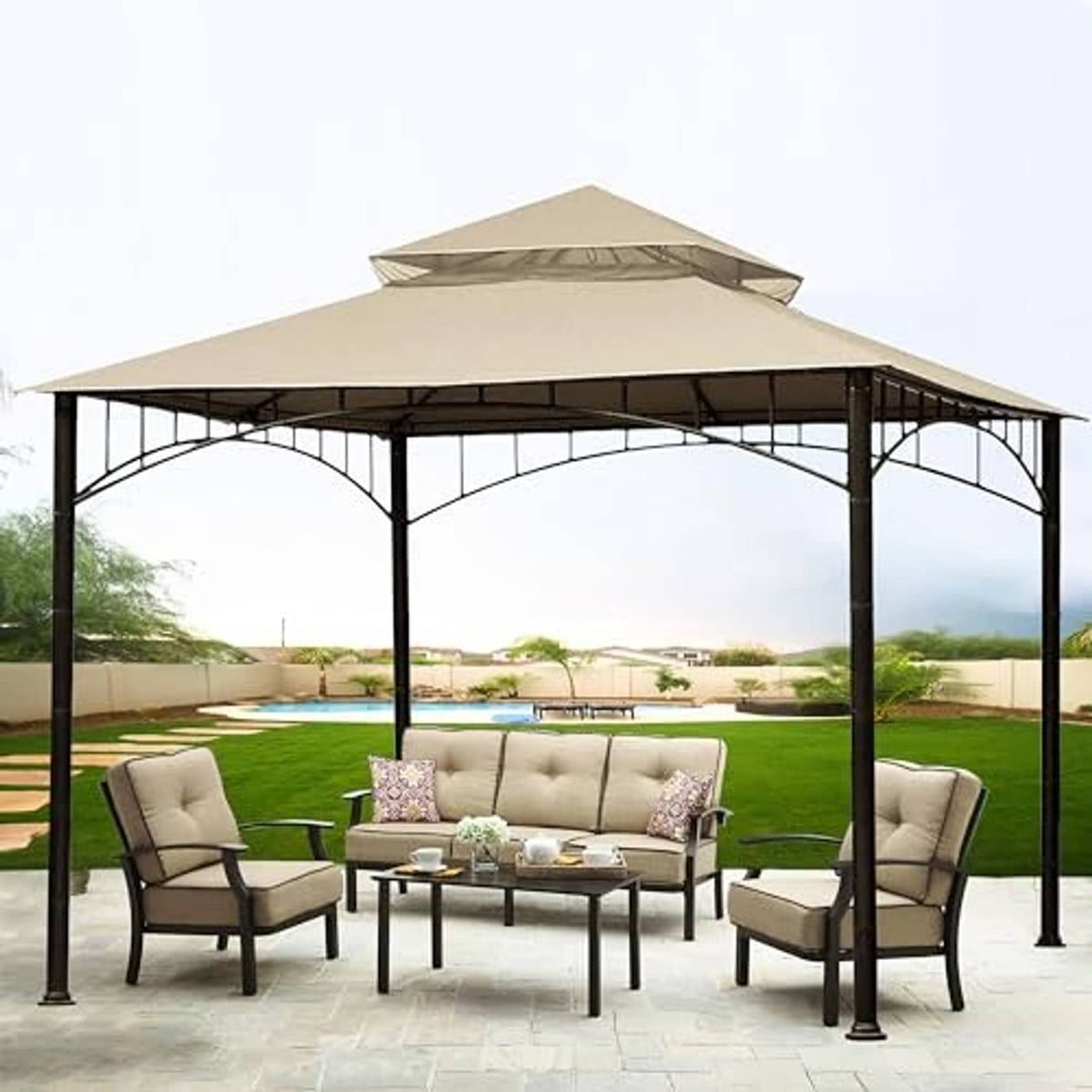 Light beige replacement gazebo roof canopy attached to arched steel frame