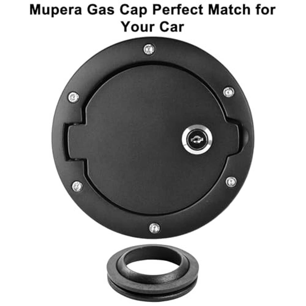 Black locking fuel filler door with round key cylinder and matching fuel filler ring