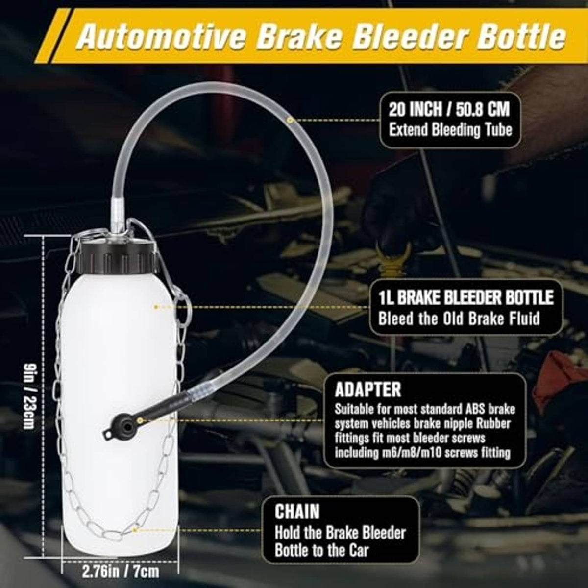 Automotive brake bleeder bottle with long clear bleeding tube and adapter for brake nipples