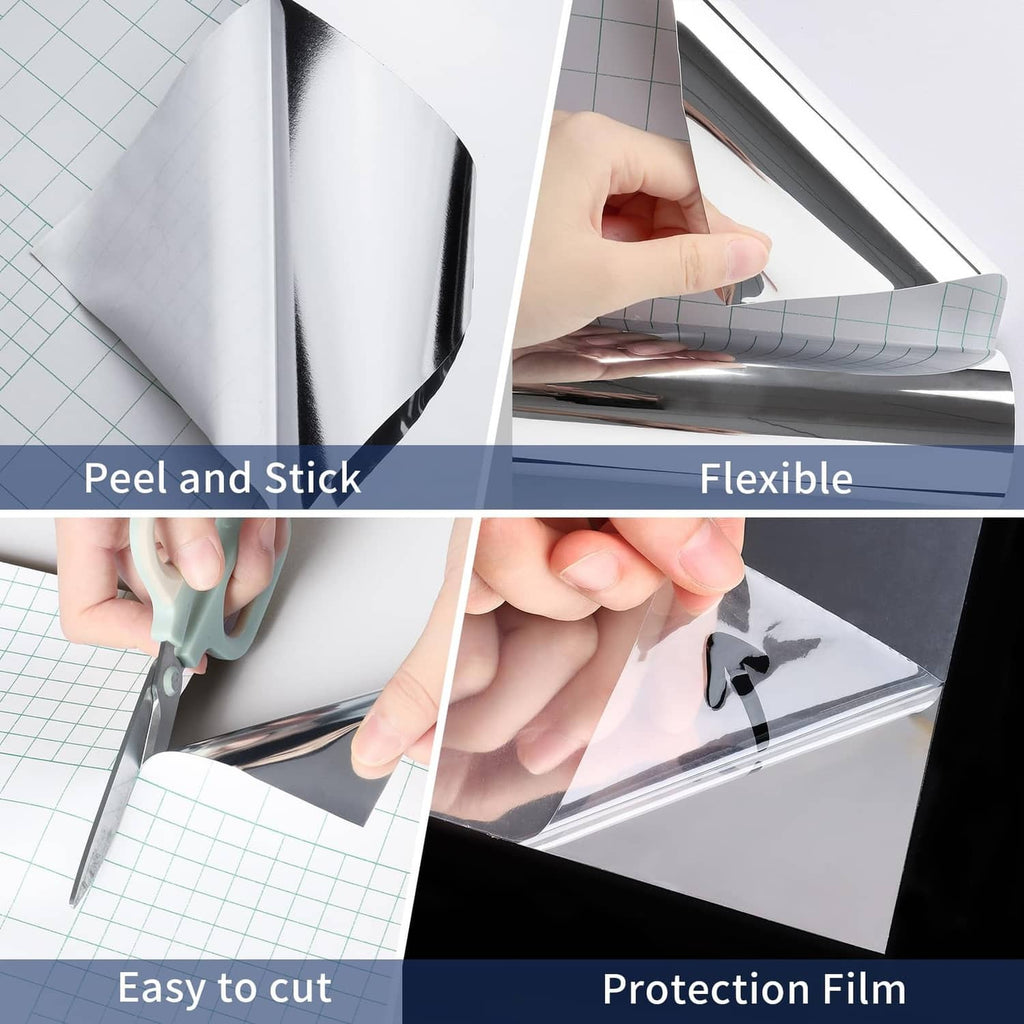 Silver mirror sticker film with peel-and-stick backing and flexible sheet detail