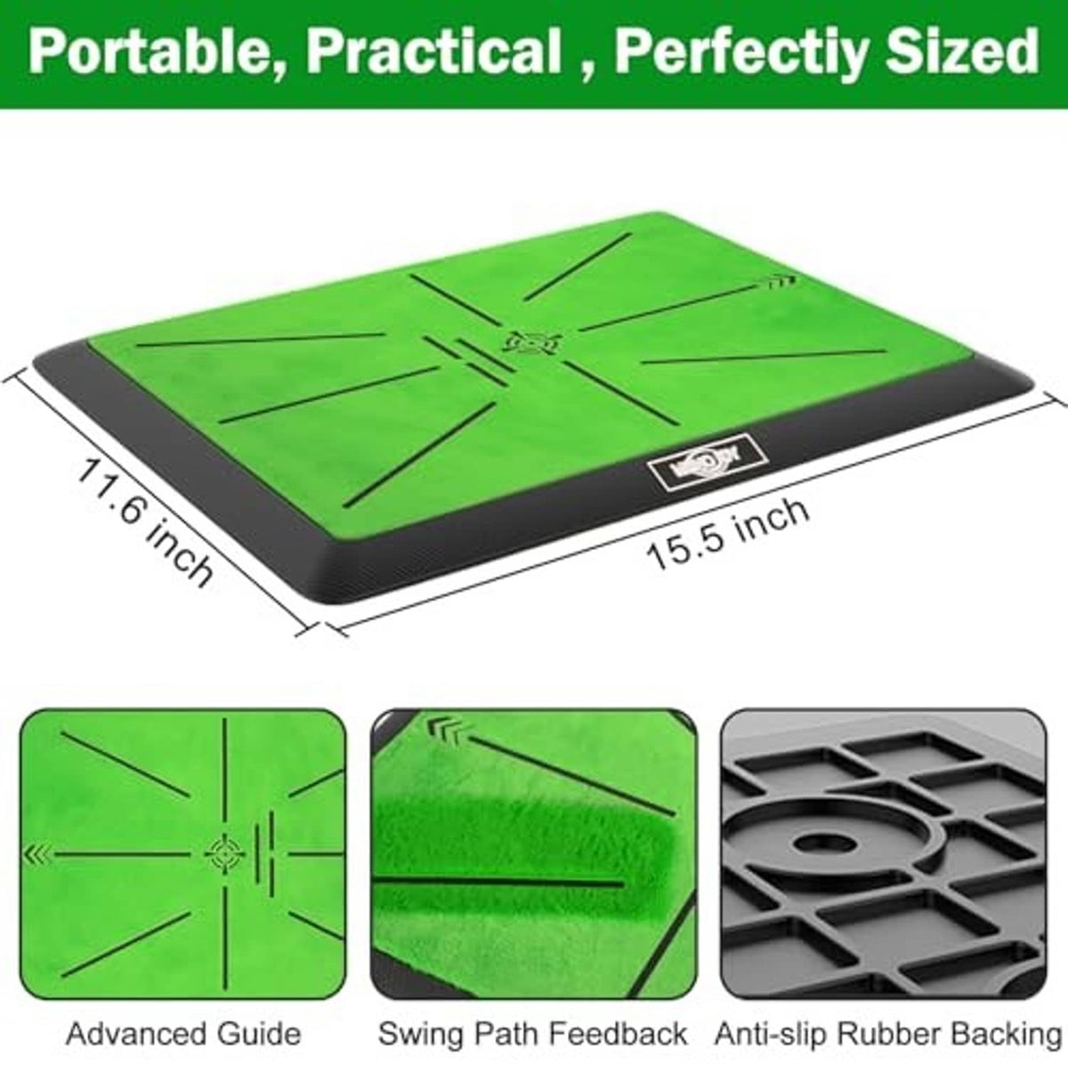 Portable golf hitting mat with green turf top, black edge, and guide line markings