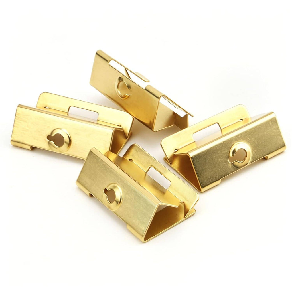 Electrical box repair clips, gold metal with circular hole, barbed grips, 4-pack