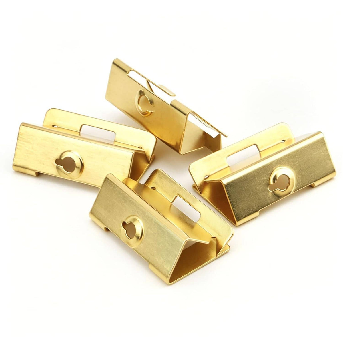 Electrical box repair clips, gold metal with circular hole, barbed grips, 4-pack